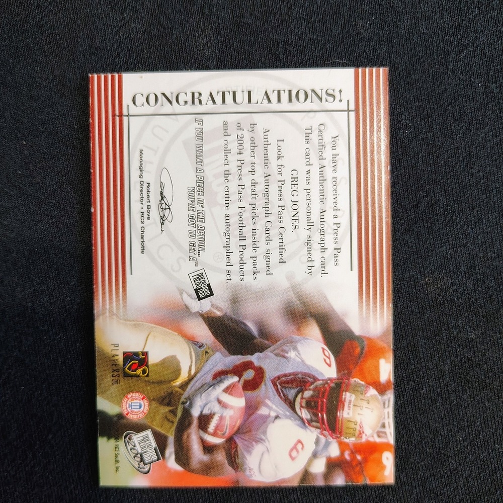 2004 Press Pass‎ On Card Auto Blue 18/50 Greg Jones Auto wo2 NFL Football Card - Picture 2 of 3